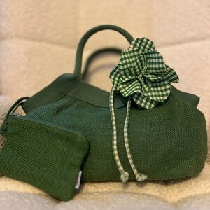 Unique & Stylish Emerald Green Linen and Cotton Handbag and Matching Pouch Set